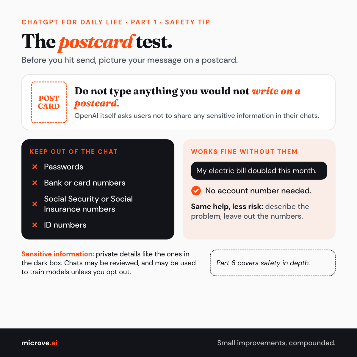The postcard test: keep passwords, bank or card numbers, Social Security or Social Insurance numbers and ID numbers out of the chat. Describe the problem instead.