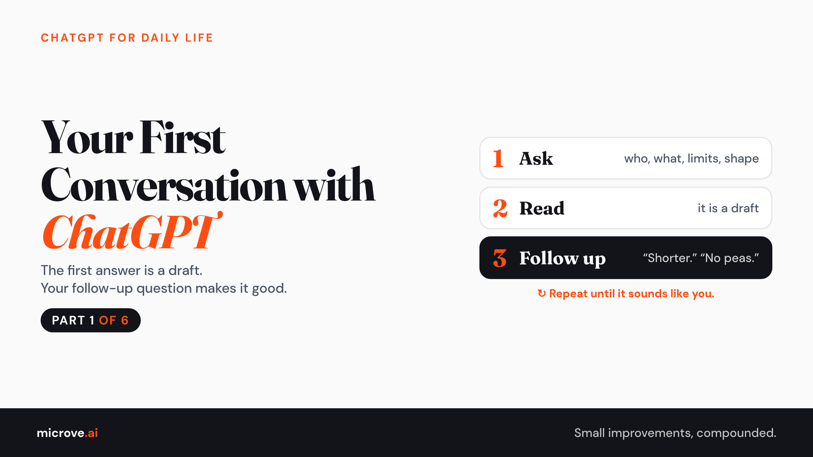 Your first conversation with ChatGPT: a plain-words guide for daily life, with the three-step loop ask, read, follow up.